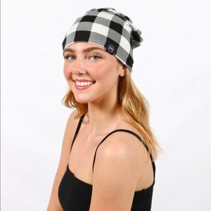 Black & White  Checked Messy Bun Slouchy Beanie